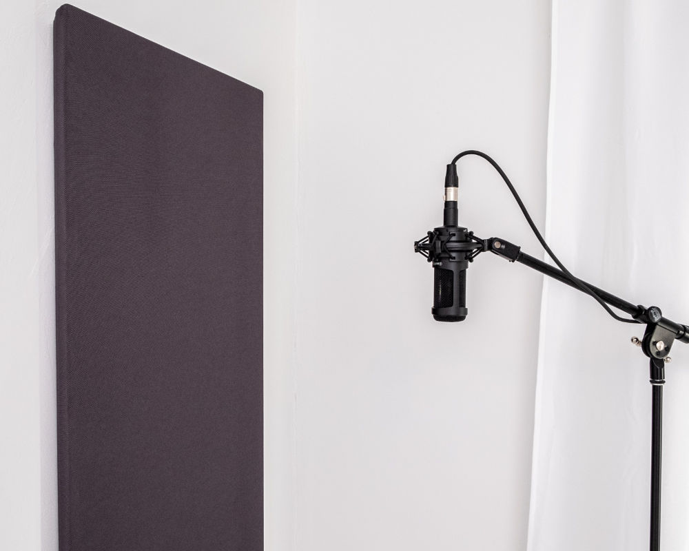 2x4 WAVEPro acoustic treatment panel hanging on white wall with microphone in front