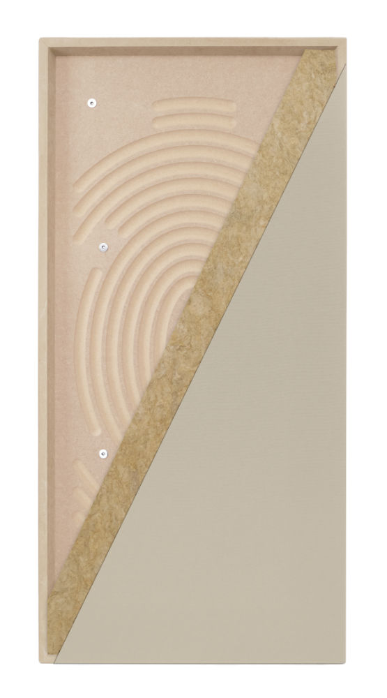 Layers of a WAVEPro panel with stone color fabric, stone wool insulation, and MDF backing