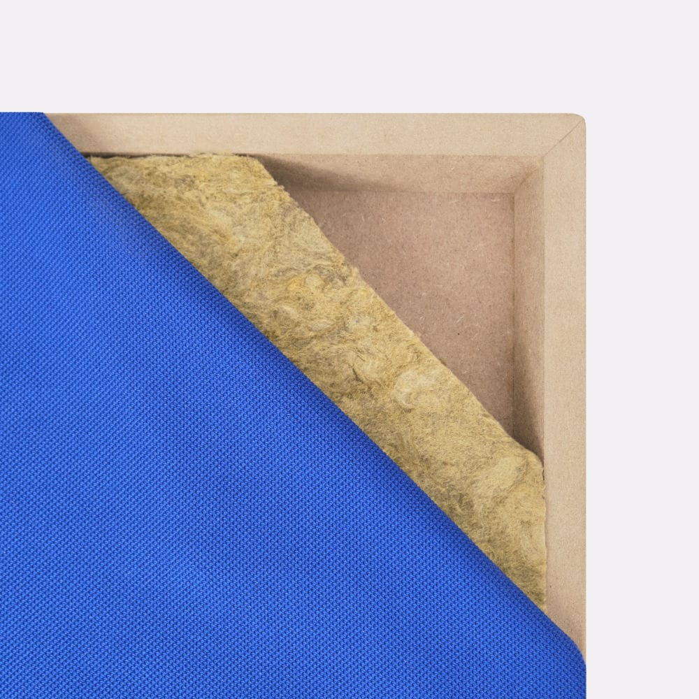 Layers of a WAVEPro panel with royal color fabric, stone wool insulation, and MDF backing