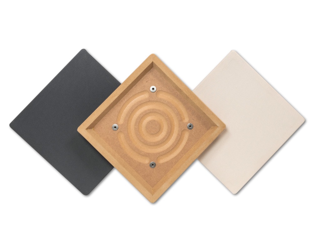 3 WAVEPro Mini acoustic treatment panels, one frame only, one with black fabric, and one with stone fabric